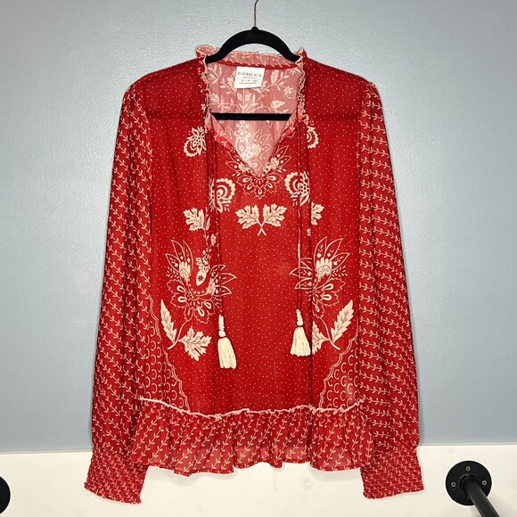 Bohera Floral Peasant Blouse Sheer Long Sleeve Ruffle Hem Tassel Tie Top XL - Picture 5 of 10